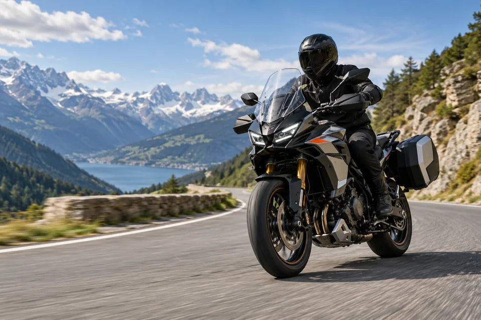 Motociclista con equipaggiamento protettivo su una strada alpina