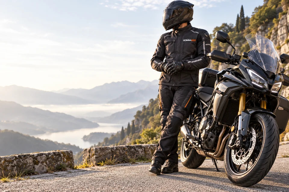 Motociclista con logo GommaDOT sulla giacca accanto a una moto sport touring